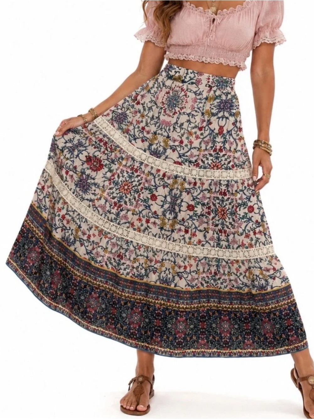 Blue Rain S Floral Tiered Maxi Skirt Boho Peasant Prairie Cottagecore Romantic